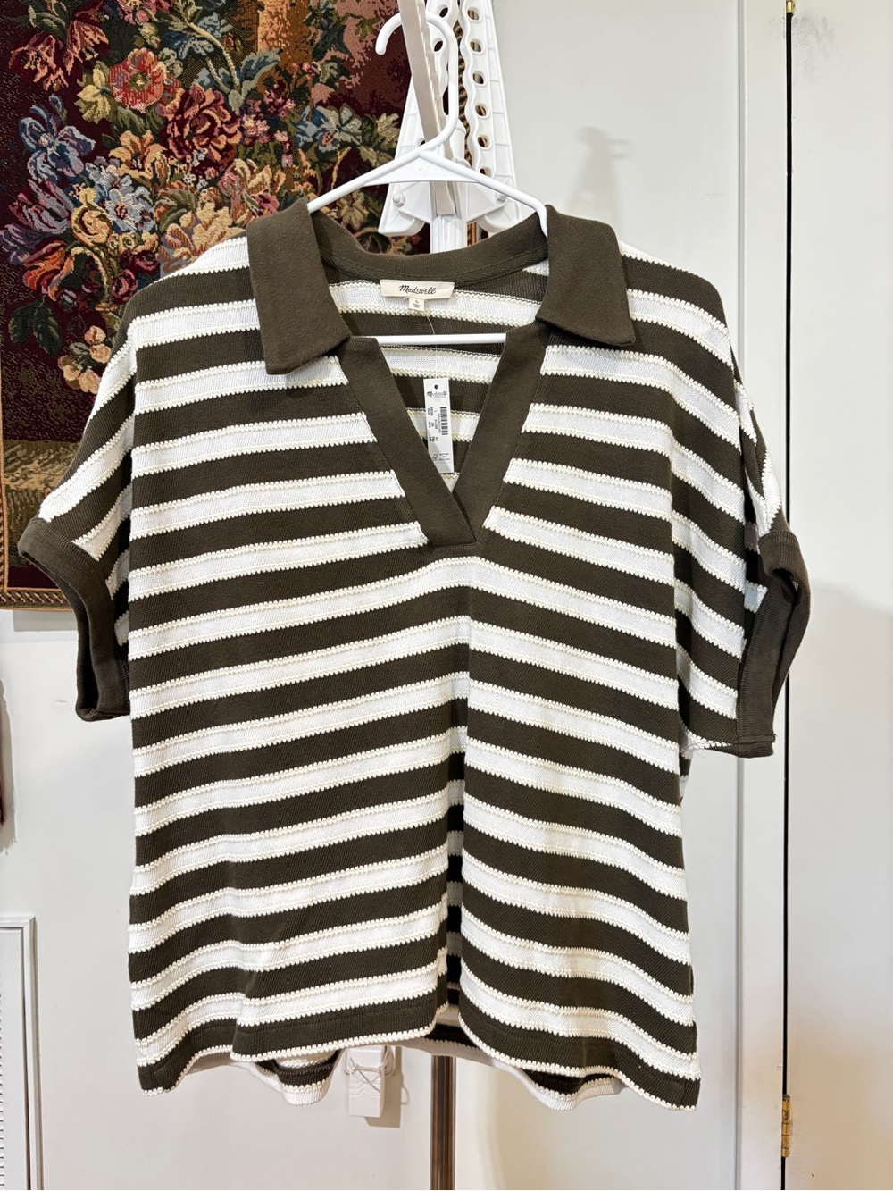 Madewell Relaxed V-Neck Striped Polo Shirt L Olive Ivory 100% Cotton NWT